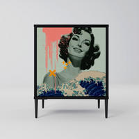 SIDEBOARD KANAGAWA BEAUTY, Schwarz, 57,5x42x72,5 cm, Schwarze Metallfüße - Multicolor/Schwarz, Holzwerkstoff/Metall (57.5/72.5/42cm) - SpaceRebels