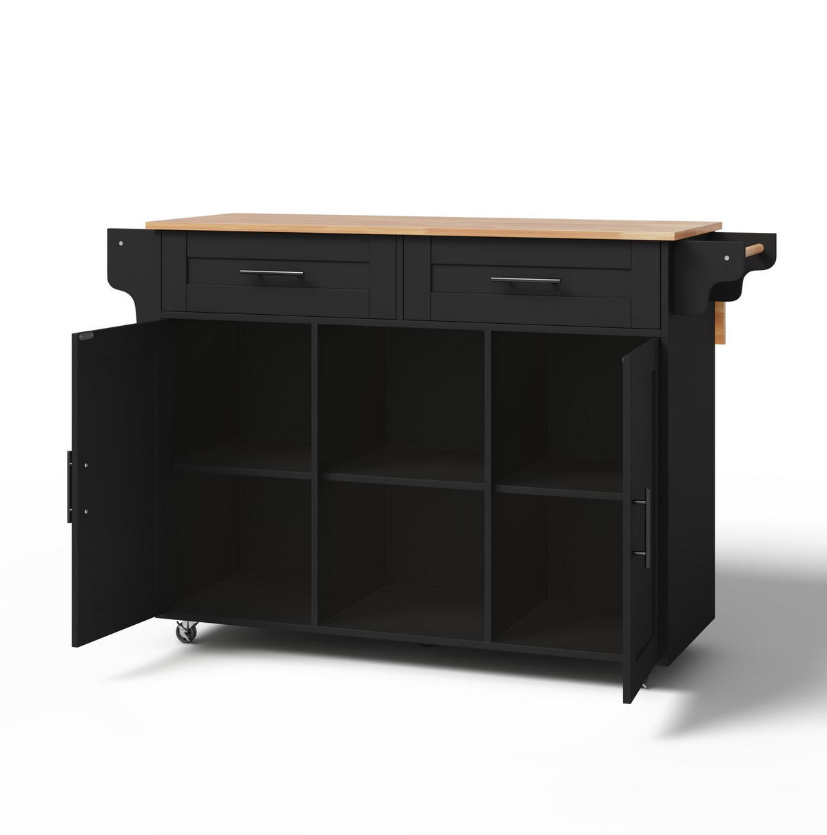 KÜCHENINSEL aus MDF 145x70x94,5 cm Schwarz mit ausziehbarer Arbeitsplatte, 5 Rollen und verstellbaren Regalfächern - Schwarz, Holzwerkstoff (145/94.5/70cm) - Modfu