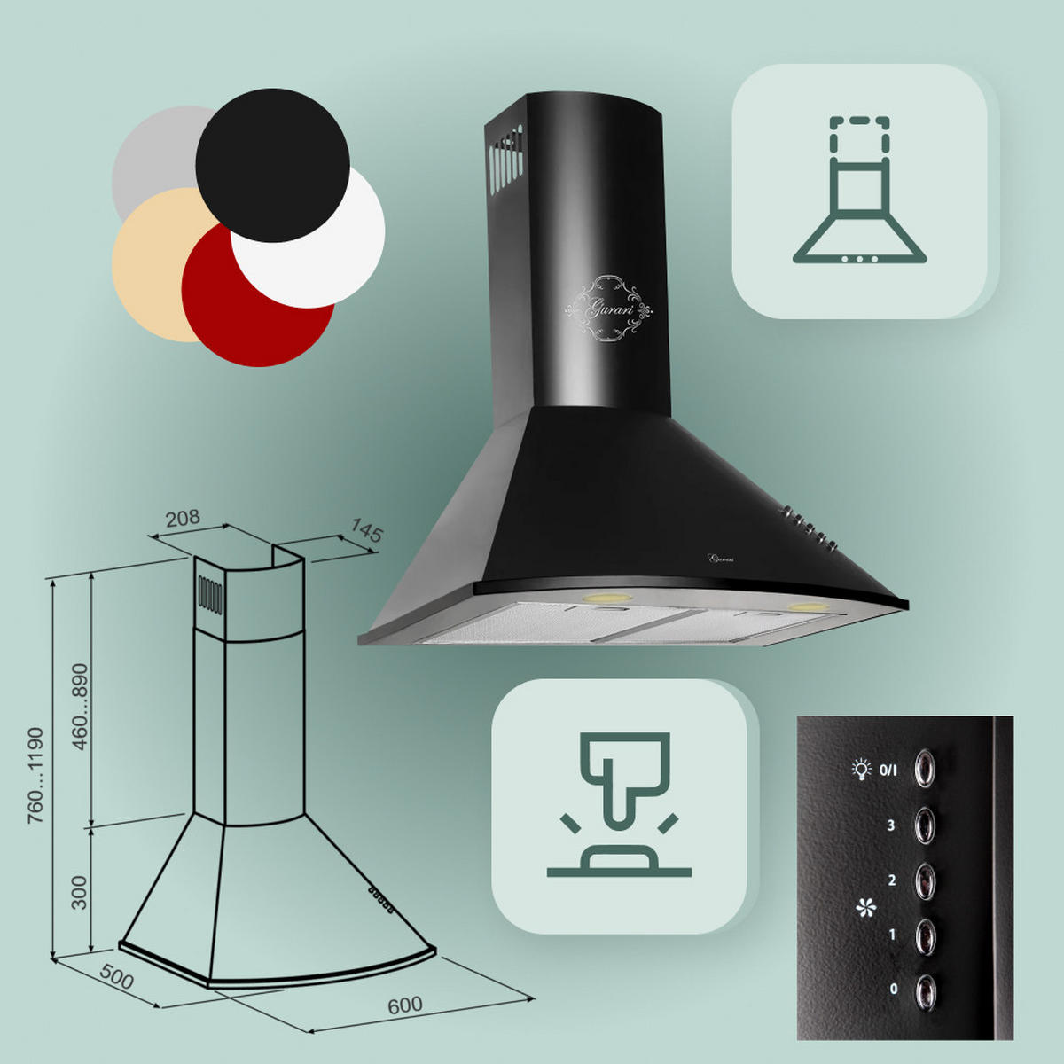 DUNSTABZUGSHAUBE GCH C 046 BL 6 N 60 cm Schwarz - Schwarz, Metall (60/117/50cm) - Gurari