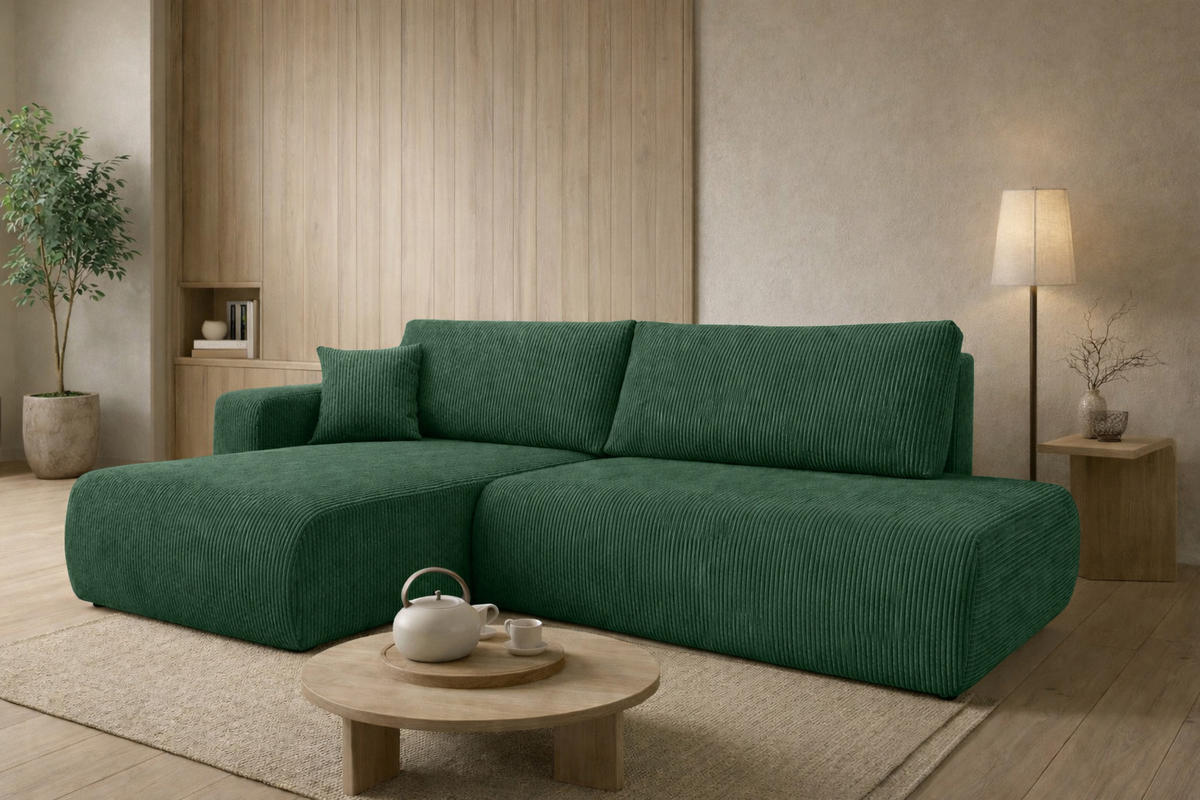 ECKSOFA Mit Schlaffunktion Und Bettkasten, Cordstoff Poso, Grün, Links, OPEN XL - Grün, Holz (262/145cm) - Kaiser Möbel