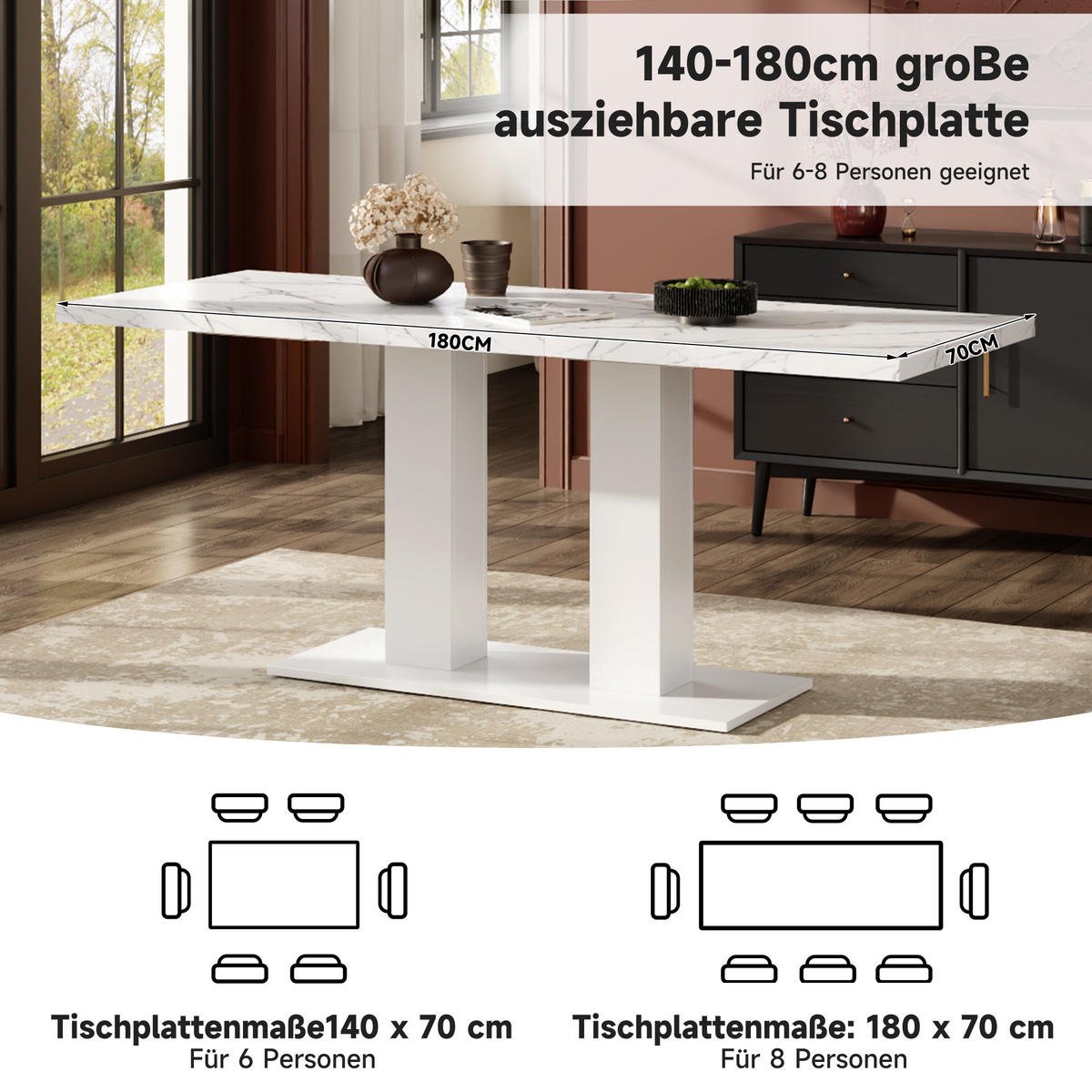ESSTISCH in Weiß Küchentisch ausziehbar, 6–8 Personen,verdickte Platte, minimalistischer Stil, B140–180/T70/H75cm - Weiß, Holzwerkstoff/Metall (70/180/75cm) - STILVORA