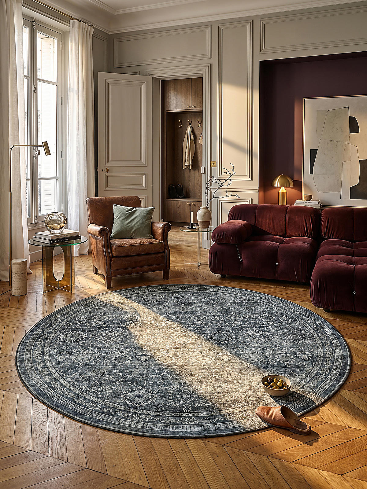 TEPPICH Kurzflor, waschbar, mit floralen Ornamenten, VERNANTE in Grün-Grau, Ø 120 cm - Grün, Textil (120/120cm) - KADIMA DESIGN