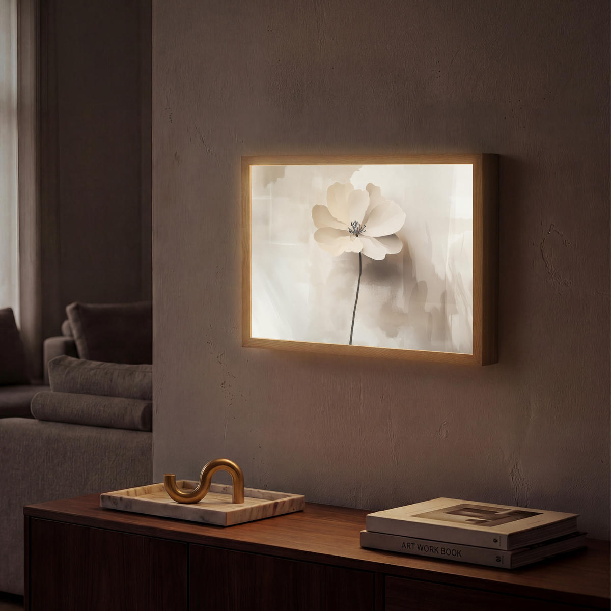 NÁSTĚNNÁ LAMPA S AKUMULÁTOREM Květina - béžová - barva - stín 40x30 cm - béžová, kompozitní dřevo (40/30/8cm) - OnlyWow