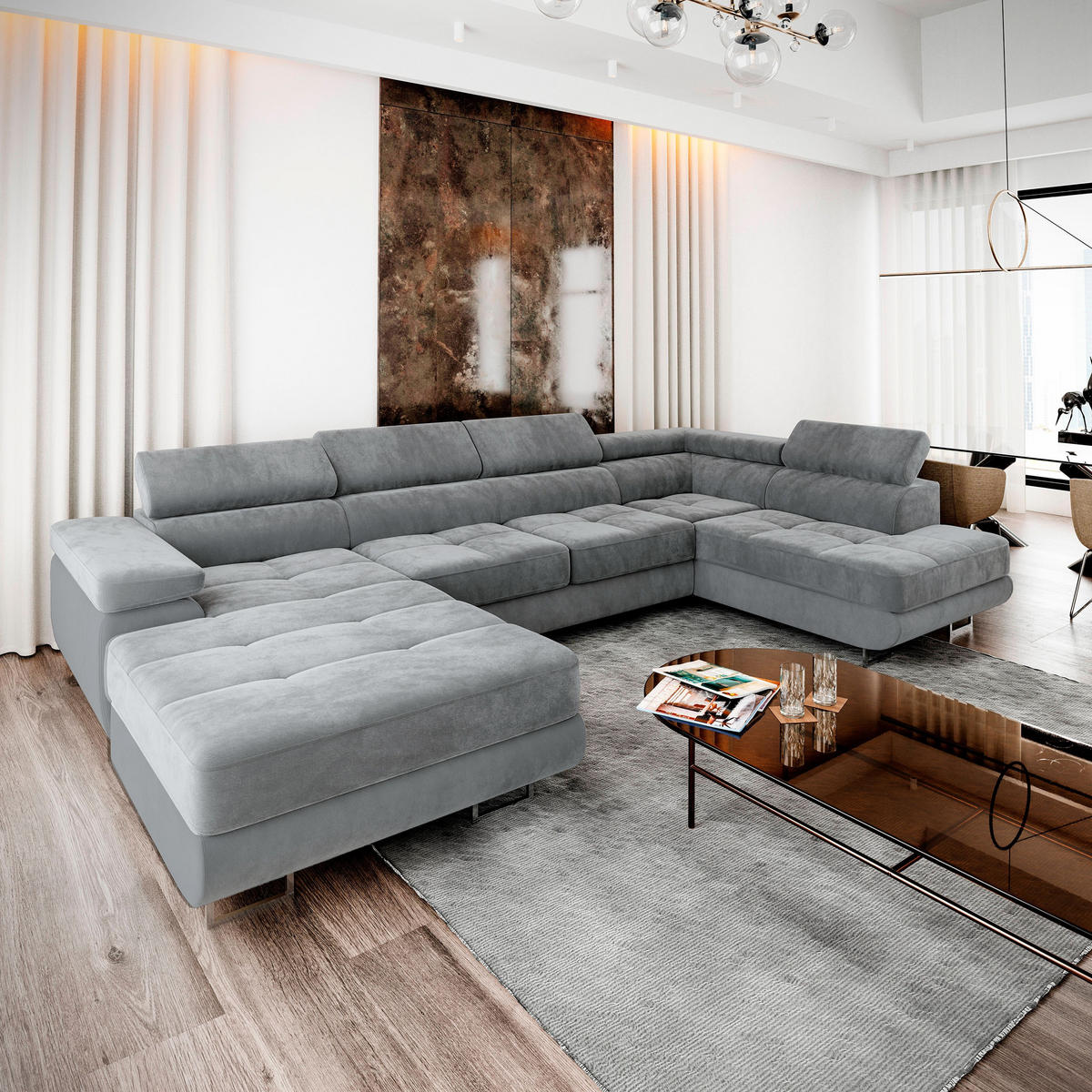 WOHNLANDSCHAFT CASONE R-S Hellgrau Velours-Stoff mit Schlaffunktion - Hellgrau, Holz (345/90/202cm) - MASSENO