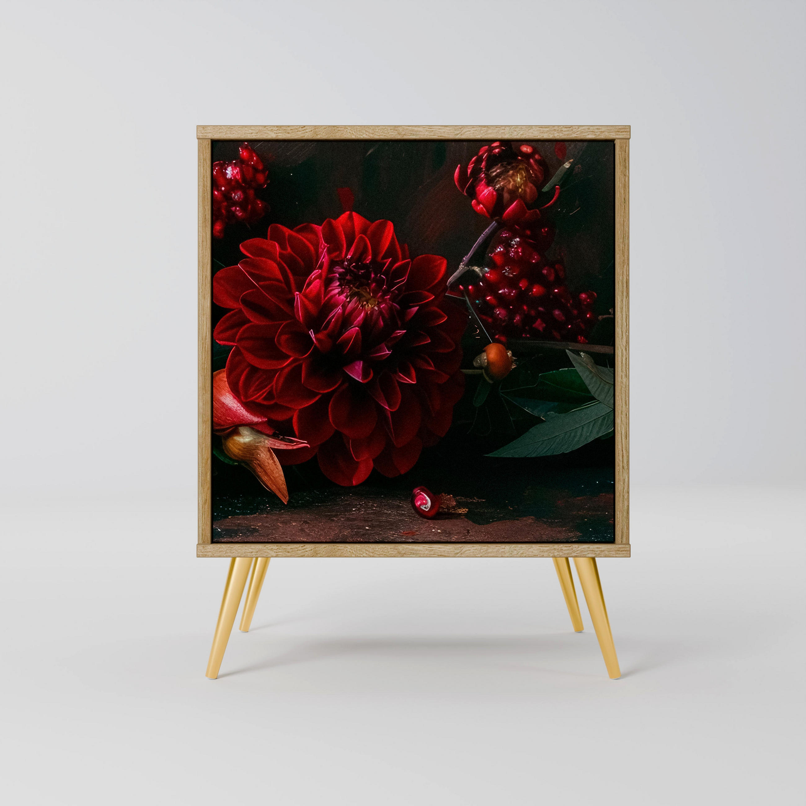 SIDEBOARD DAHLIAS AND POMEGRANATES, Eichefarben, 57,5x42x75,5 cm, Goldfarbene Metallfüße - Eichefarben/Goldfarben, Holzwerkstoff/Metall (57.5/75.5/42cm) - SpaceRebels