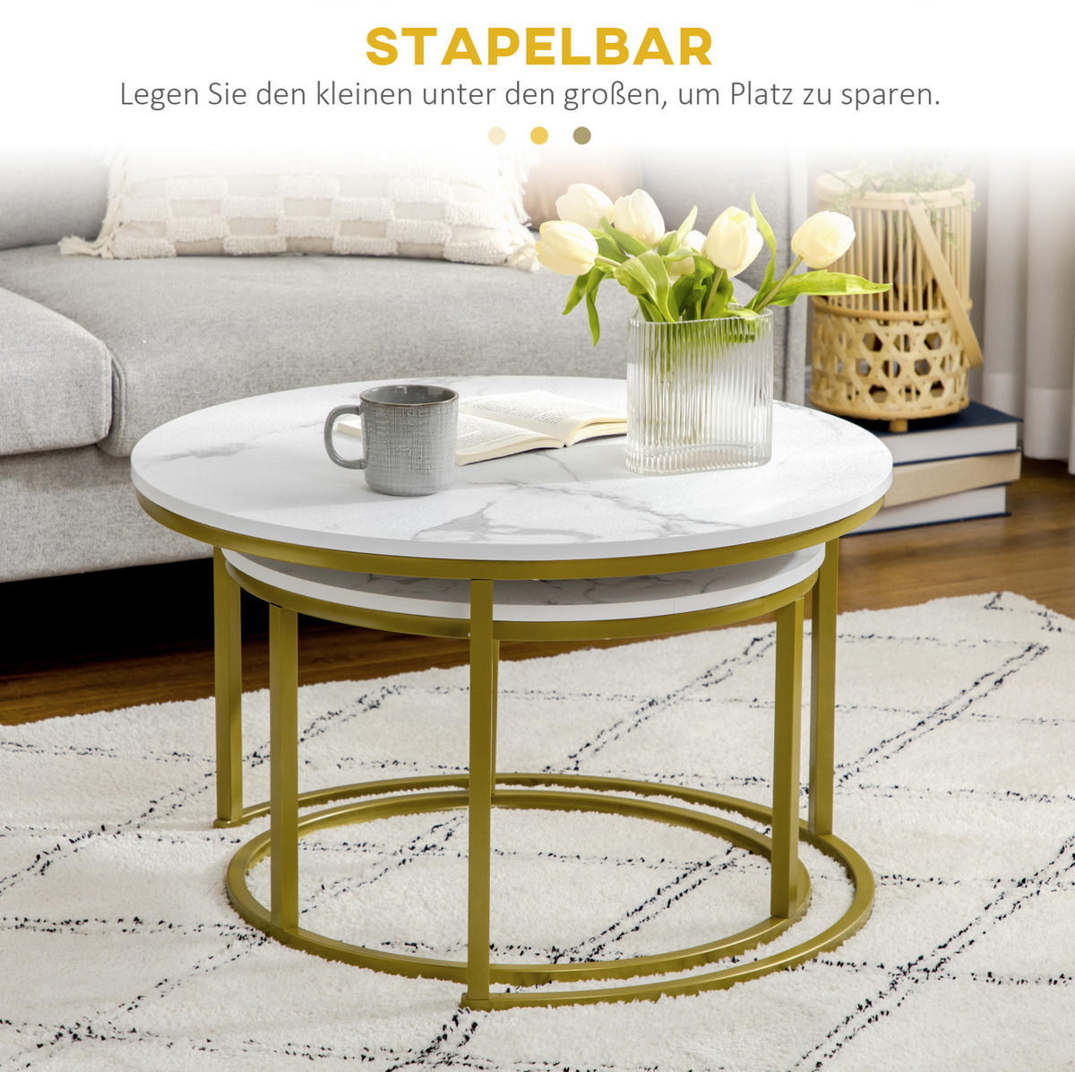 COUCHTISCH aus Stahl Ø74/59x46,3/38,5 cm in Weiß mit Marmoroptik - Weiß, Metall (74/74/46.3cm) - Modfu