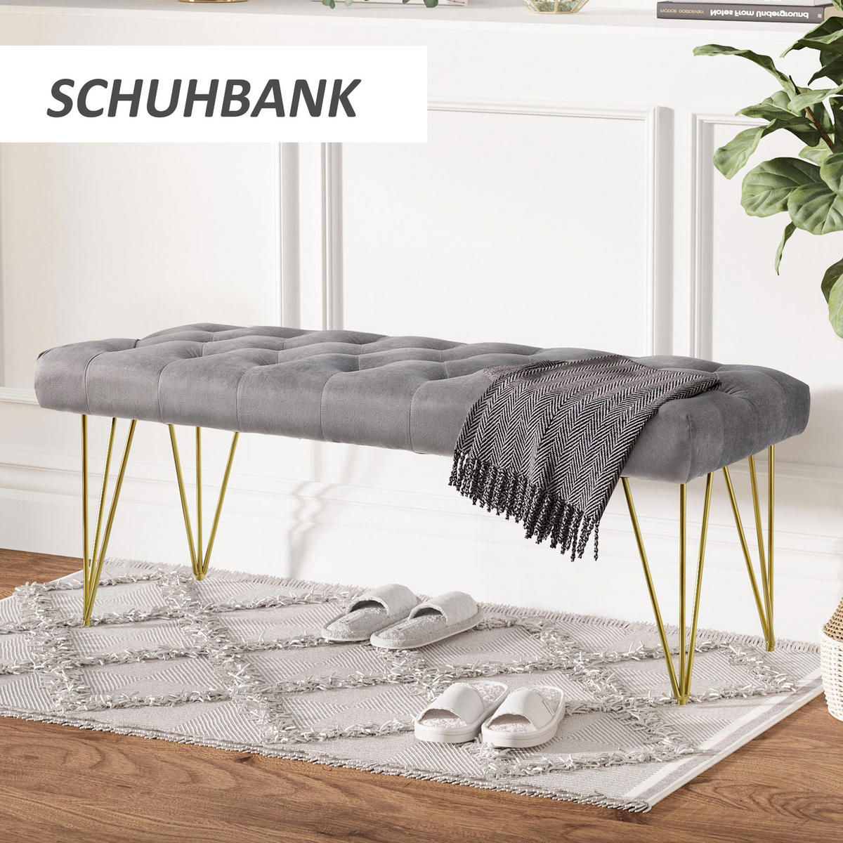 SCHUHBANK mit Samtoptik, für Schlafzimmer, Wohnzimmer, Flur, Metall, Grau - Grau, Kunststoff (445/49/116cm) - HOMCOM