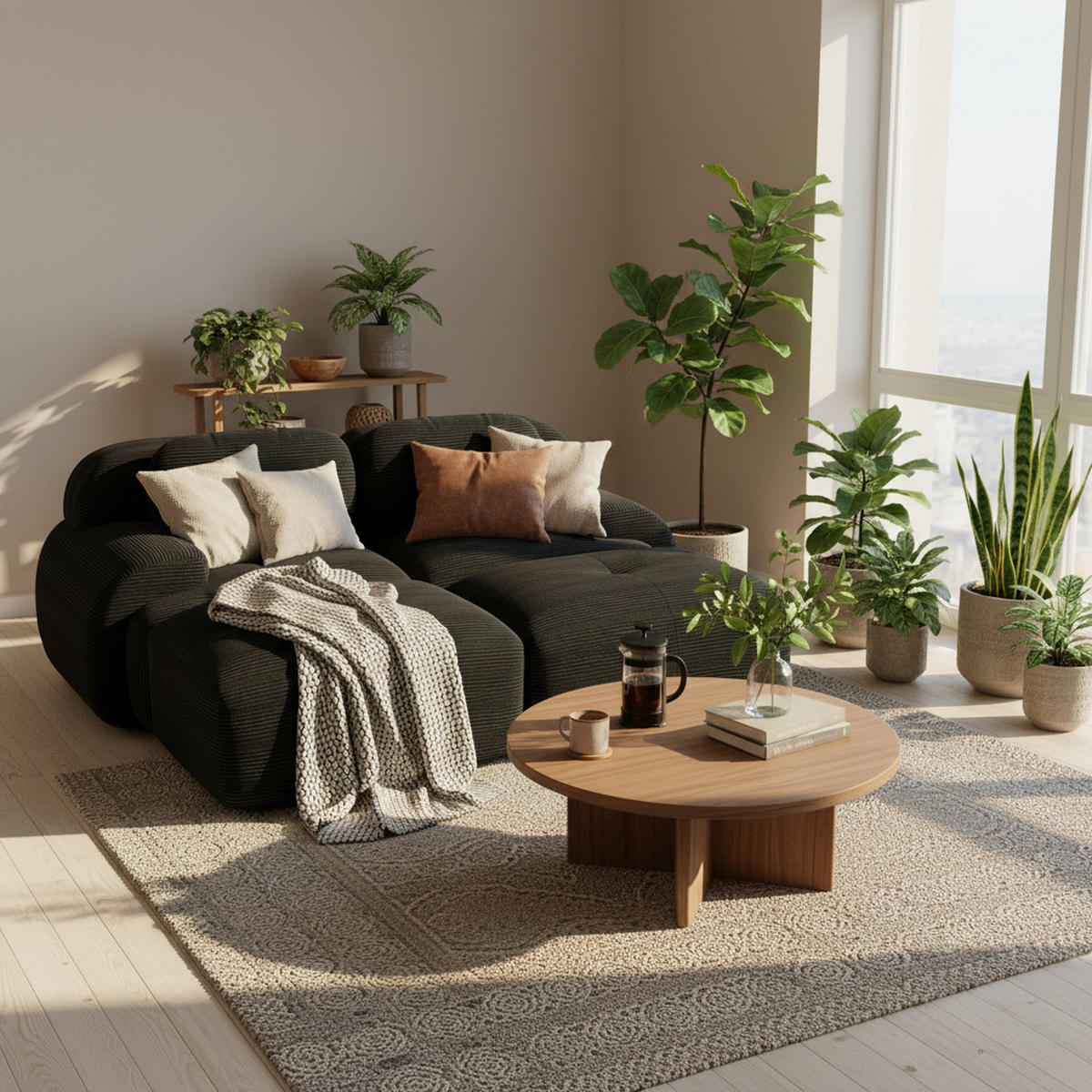 SOFA Modulares 2-Sitzer, rutschfeste Unterseite, Cord, Schwarz - Schwarz, Textil (178/70/208cm) - Meubles Cosy