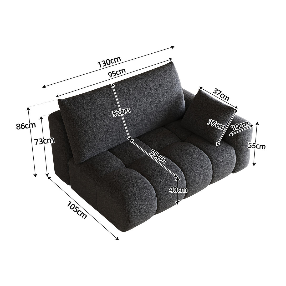 SOFAELEMENT DE-34768 rechte 2‑Sitzer Dunkelgrau - Dunkelgrau, Textil (105/86/130cm) - ComfortXL