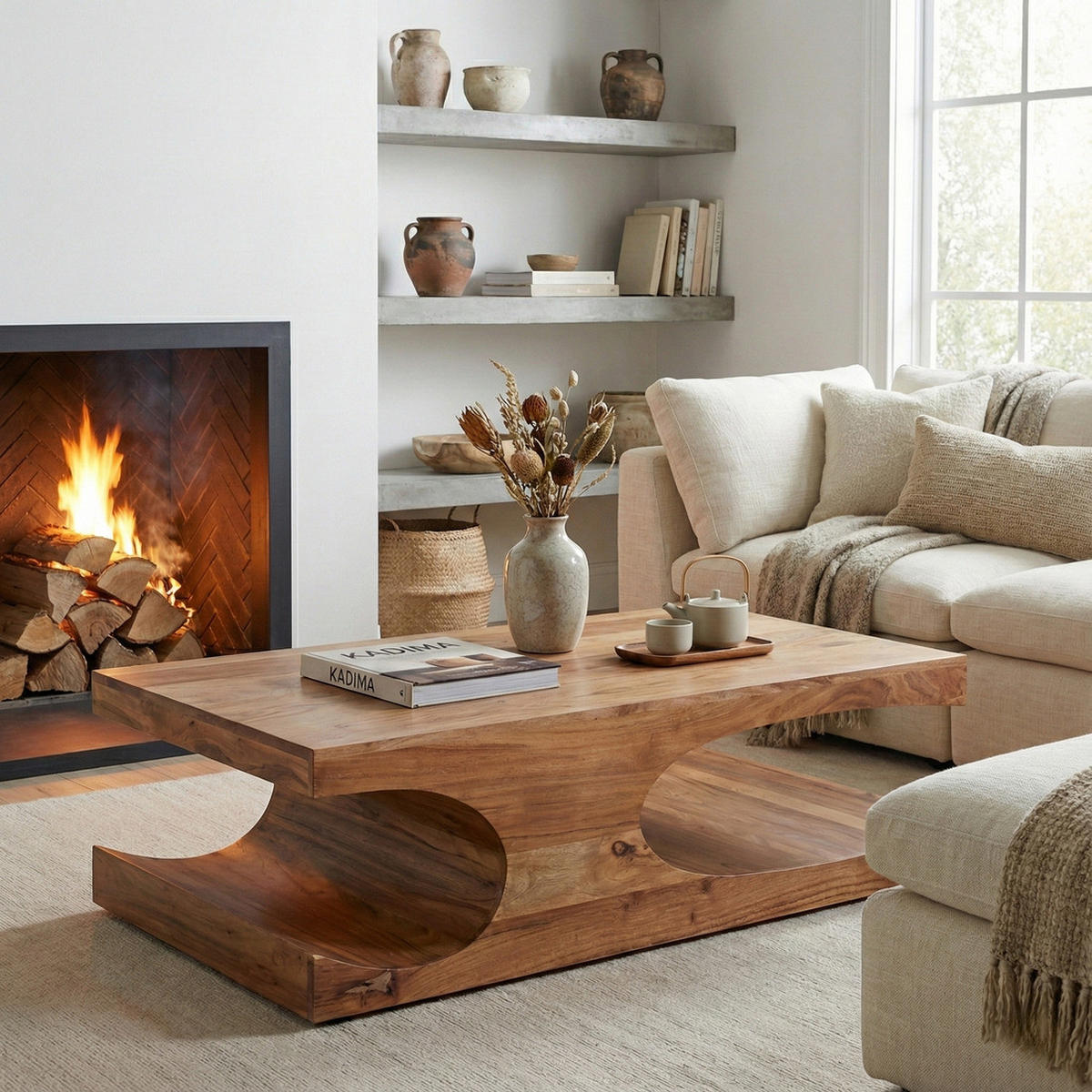 COUCHTISCH Massivholz mit zwei Ablagefächern, handgefertigt und pflegeleicht, Beige 118x70x38 cm - Beige, Holz (70/118/38cm) - KADIMA DESIGN