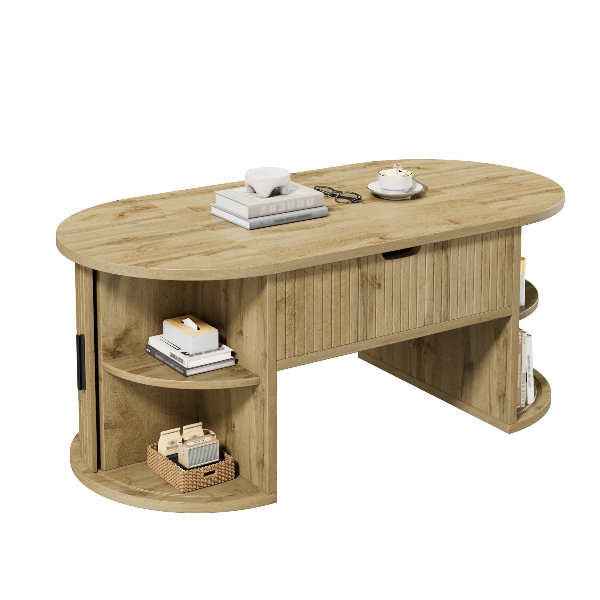 COUCHTISCH in Eichefarben höhenverstellbarer Wohnzimmertisch mit offenen Regalen und Stauraum , B100/T50/H40.5cm - Eichefarben, Holzwerkstoff/Metall (50/100/40.5cm) - STILVORA