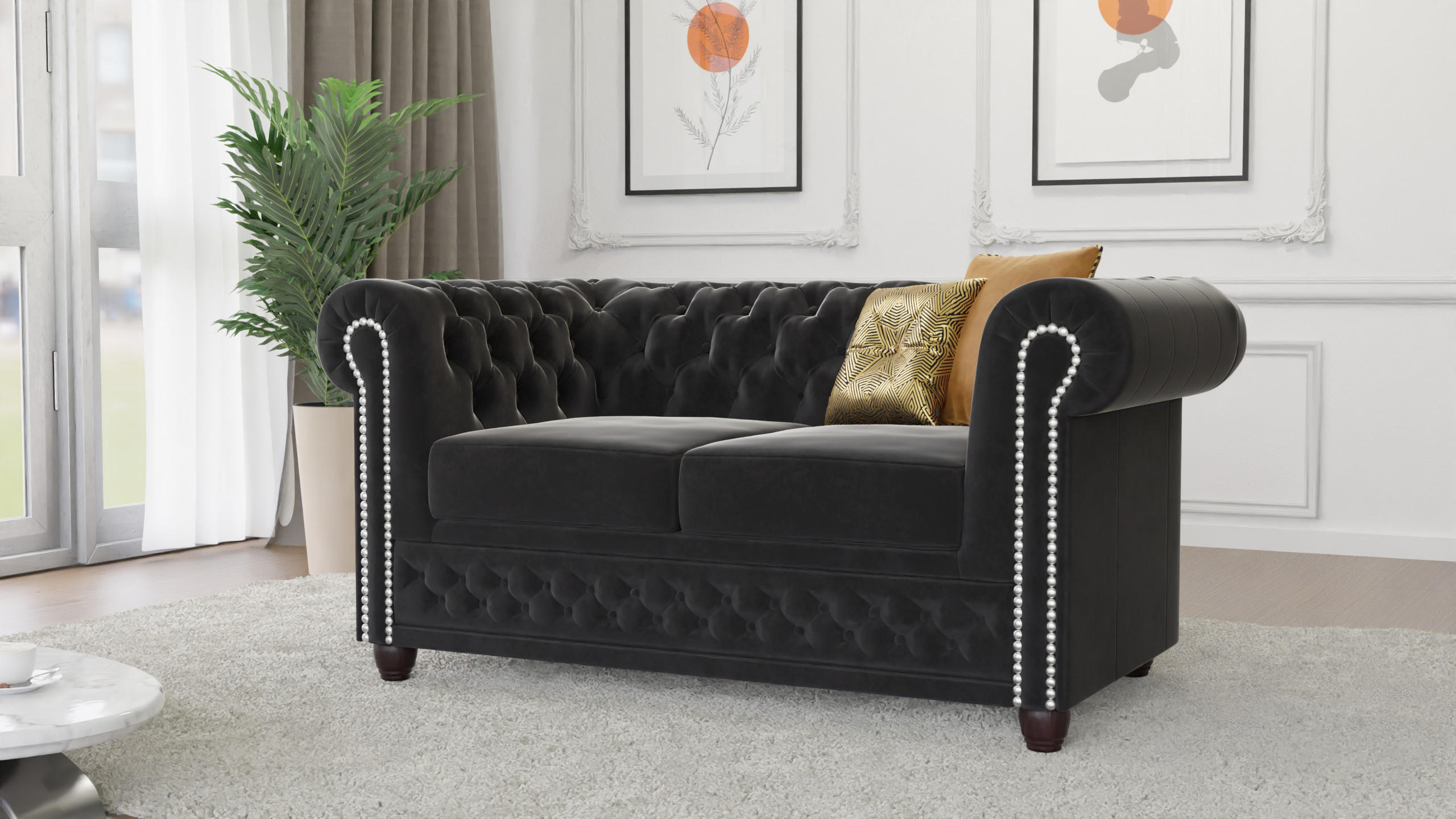 CHESTERFIELD-SOFA 2-Sitzer Nyx Schwarz Samt - Schwarz/Braun, Holz/Textil (148/72/86cm) - S-Style Möbel