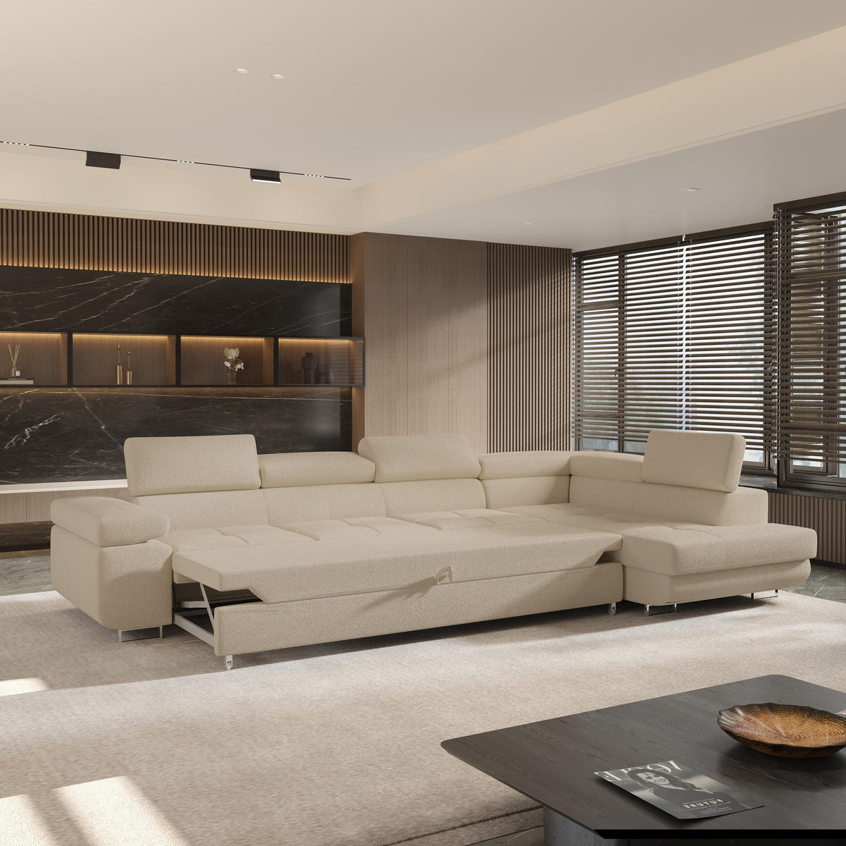 ECKSOFA VICENTE Beige Boucle-Stoff mit Schlaffunktion - Beige, Holz (346/202cm) - MASSENO