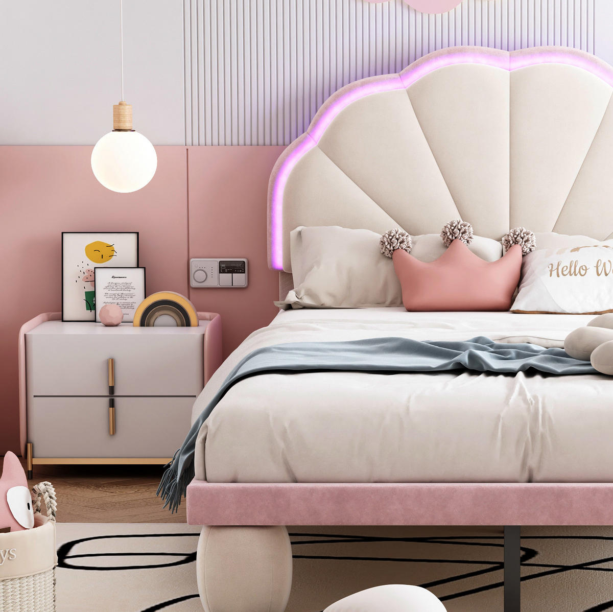 POLSTERBETT 90/200 cm aus Samt mit LED-Lichtstreifen und wellenförmigem Kopfteil Beige/Rosa - Weiß, Textil (90/200cm) - Modenvie