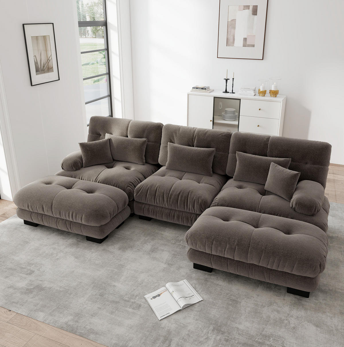 SOFA modular mit Ottomane U- oder L-Form Chenille Braun - Dunkelgrau, Kunststoff (145/81/313cm) - Meubliv