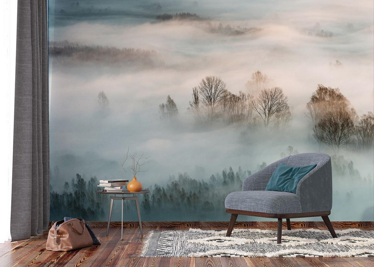 FOTOTAPETE Berglandschaft mit Bäumen 375 x 270 cm - Grau, Papier (375/270cm) - Sanders & Sanders