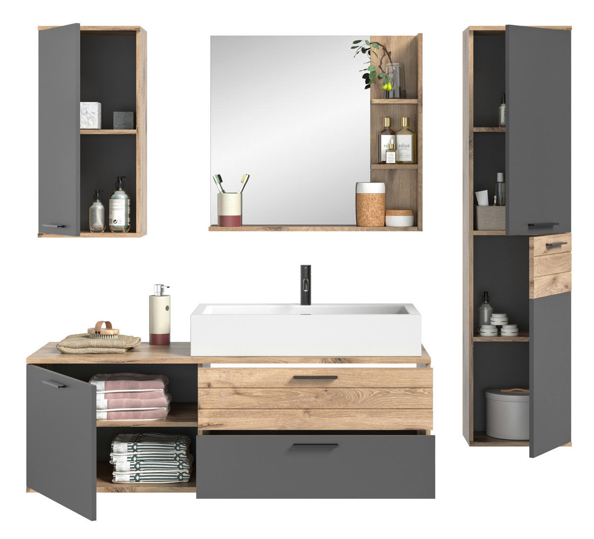 BADMÖBEL-SET Eiche, grau 5-teilig mit Soft-Close, Komplett-Set mit Waschbecken - Eichefarben/Grau, Glas/Holzwerkstoff (190/152/46cm) - Inn.Furn