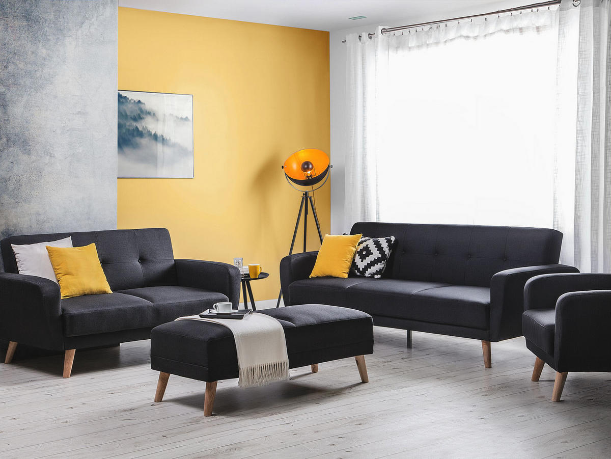 6-SITZER SOFA SET mit Ottomane Polyester Schwarz Florli - Schwarz, Textil (214/82/85cm) - Beliani