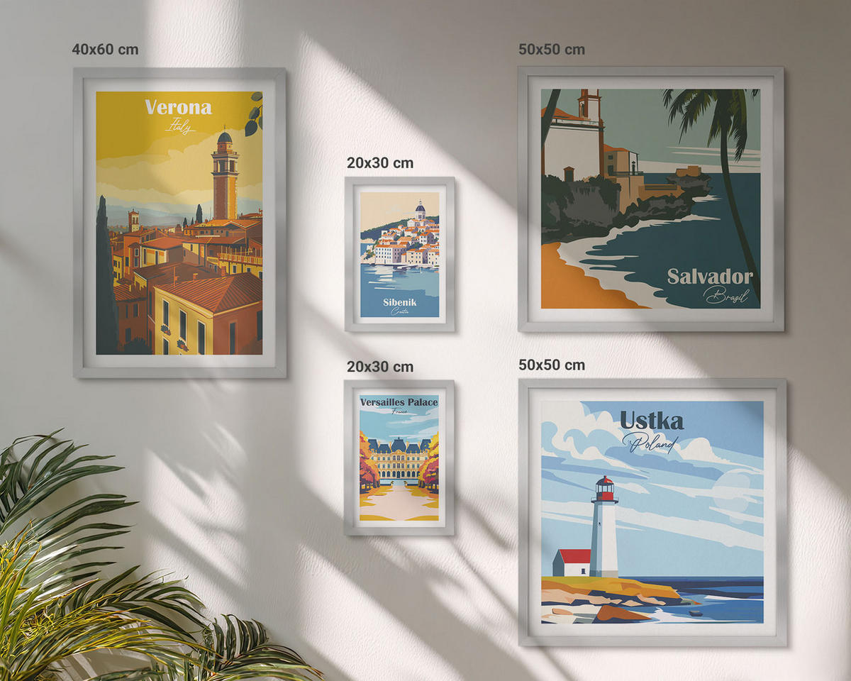 WANDBILDER 5er Set - 50x50 cm & 20x30 cm & 40x60 cm Silberner Rahmen - Europäische Städte in farbigen Illustrationen - Silberfarben, Kunststoff (40/60cm) - ArtPrintCave