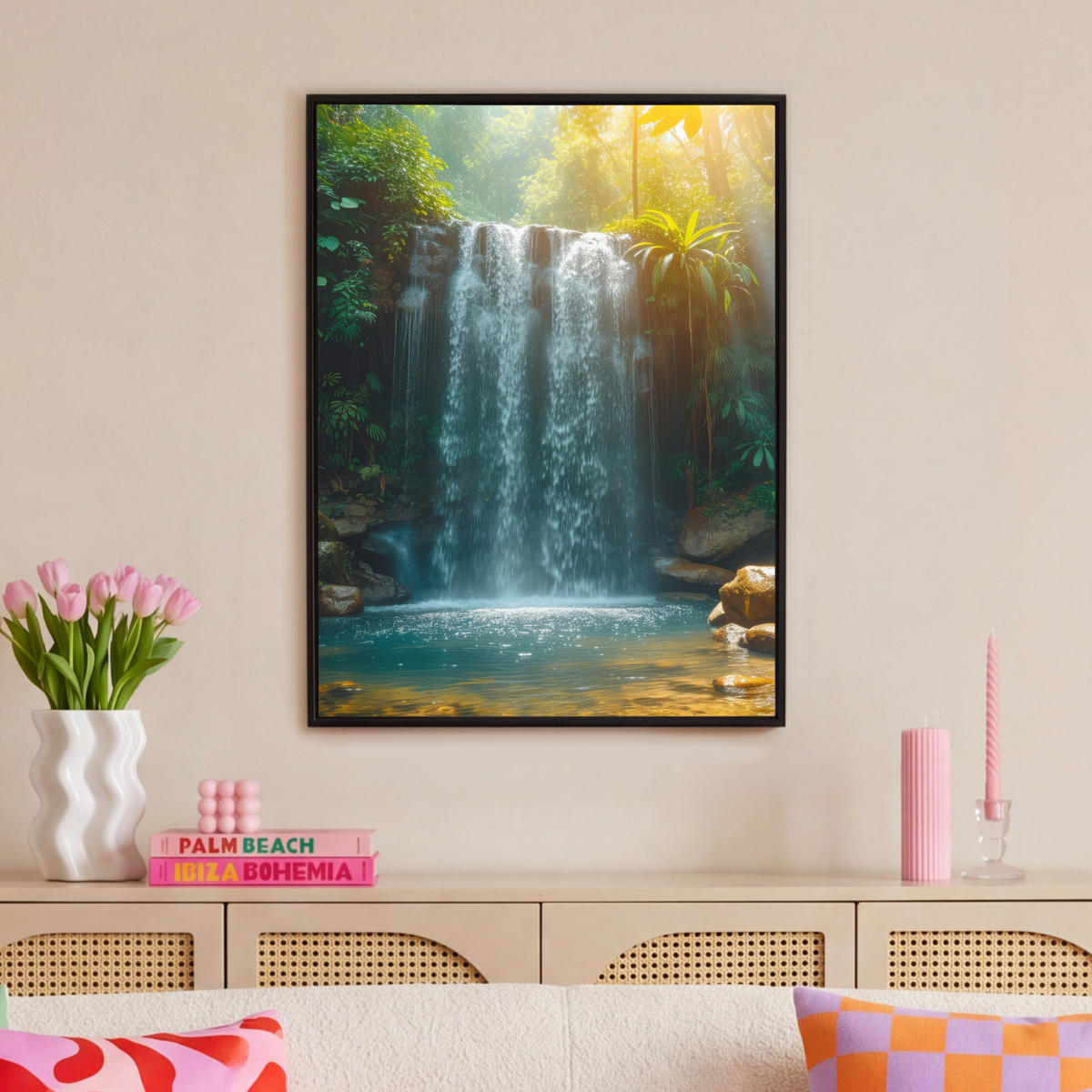 LEINWAND Bilder mit Rahmen - Wasserfall - Dschungel - Sonne - Grün - Natur - 70x100 - Grün, Textil (70/100cm) - MuchoWow