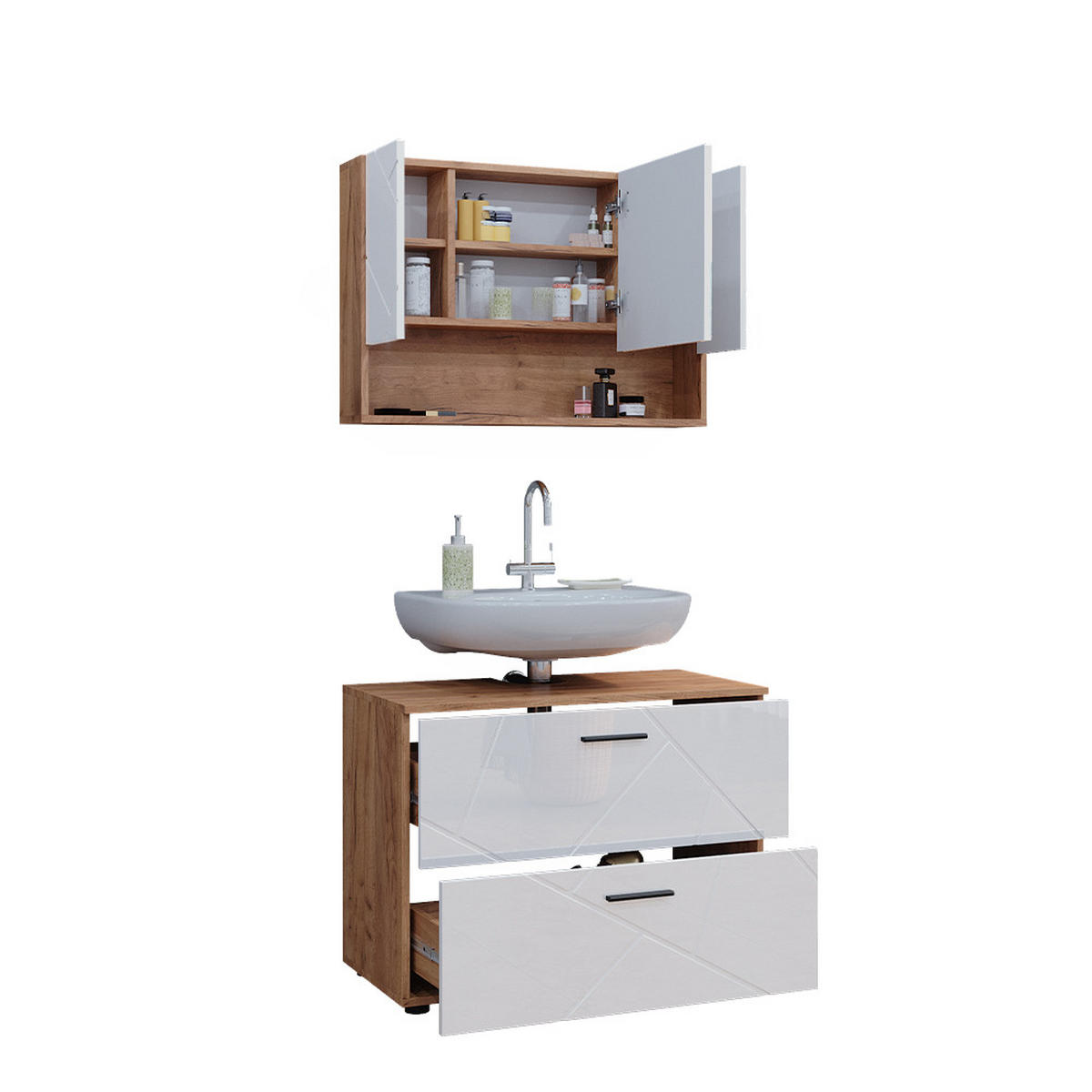 BADMÖBEL-SET Irma Weiß Hochglanz/Goldkraft Eiche 2 Teile Unterschrank 80 cm - Weiß Hochglanz/Eiche Wotan, Holzwerkstoff (80/58.6/41cm) - Vicco