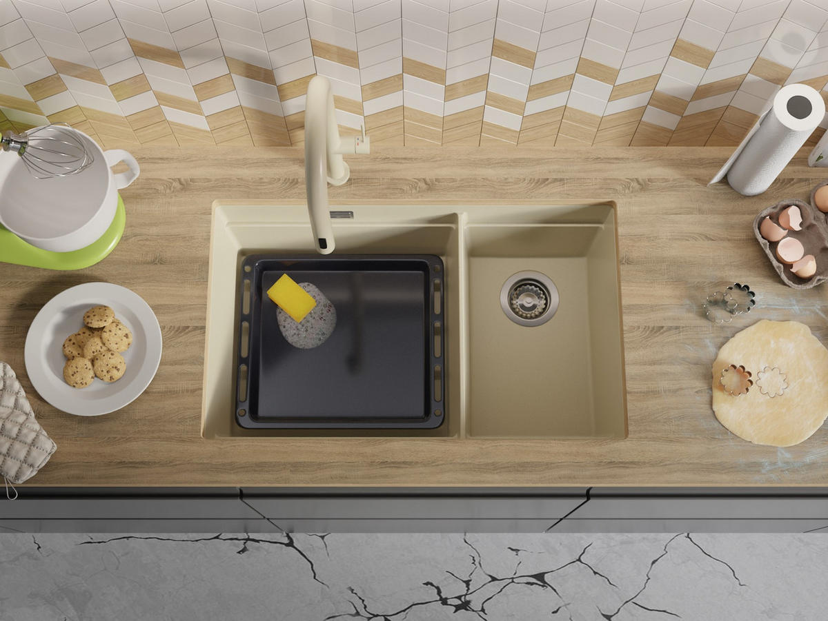 SPÜLBECKEN Praga Slim Duo, 2-er set Beige 76/47 cm 2 Becken + Ablauf-Set + Aufrollbare Abtropffläche ab 80er Unterschrank - Chromfarben/Beige, Kunststoff (76/20/47cm) - Primagran