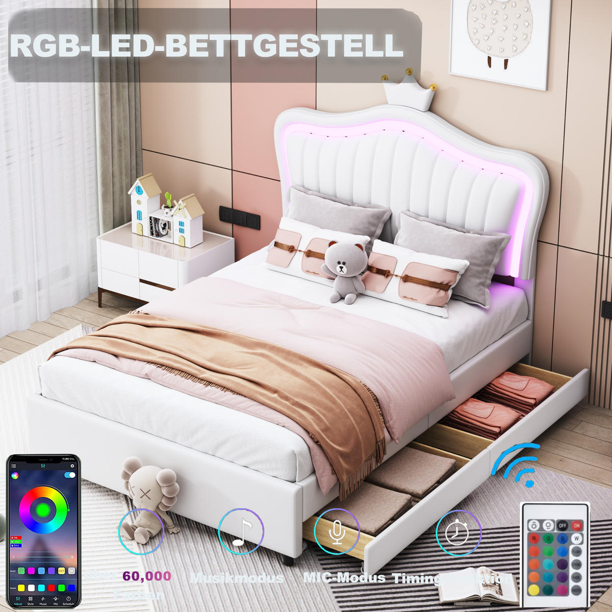 POLSTERBETT 90/200 cm Weiß mit Stauraum und LED-Beleuchtung - Weiß, Kunststoff (90/200cm) - OKWISH