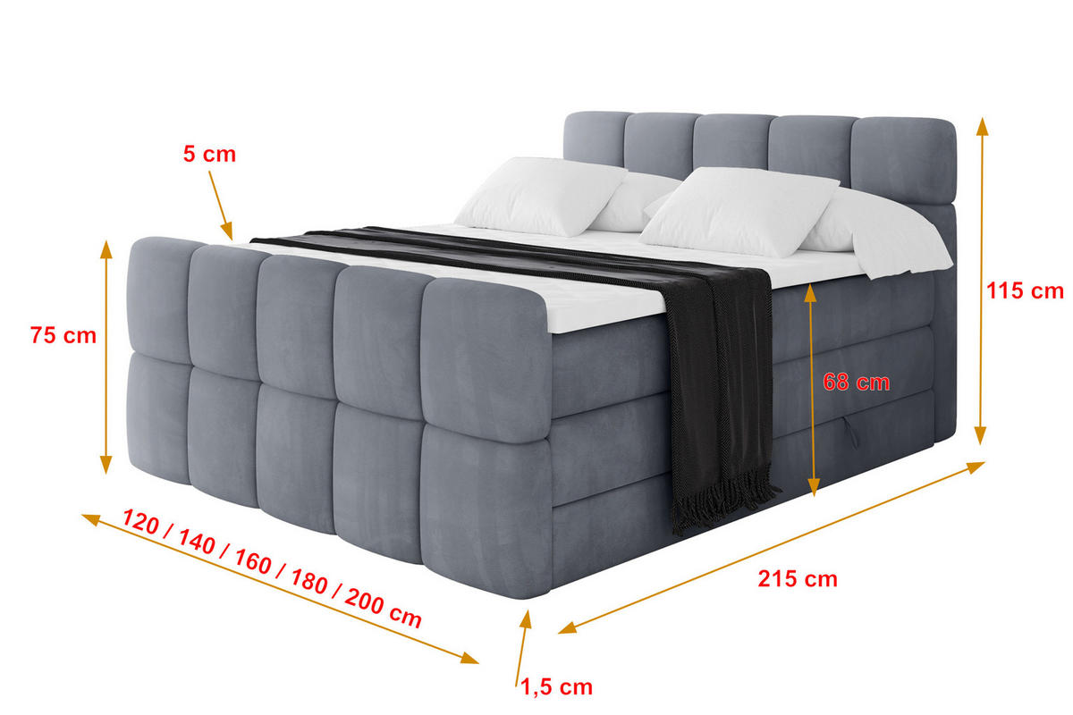 BOXBETT mit Matratze H3/H4 - FAMA-Z KING - 200x200 cm Grau Casablanca - Grau, Holzwerkstoff (200/200cm) - ALTDECOR