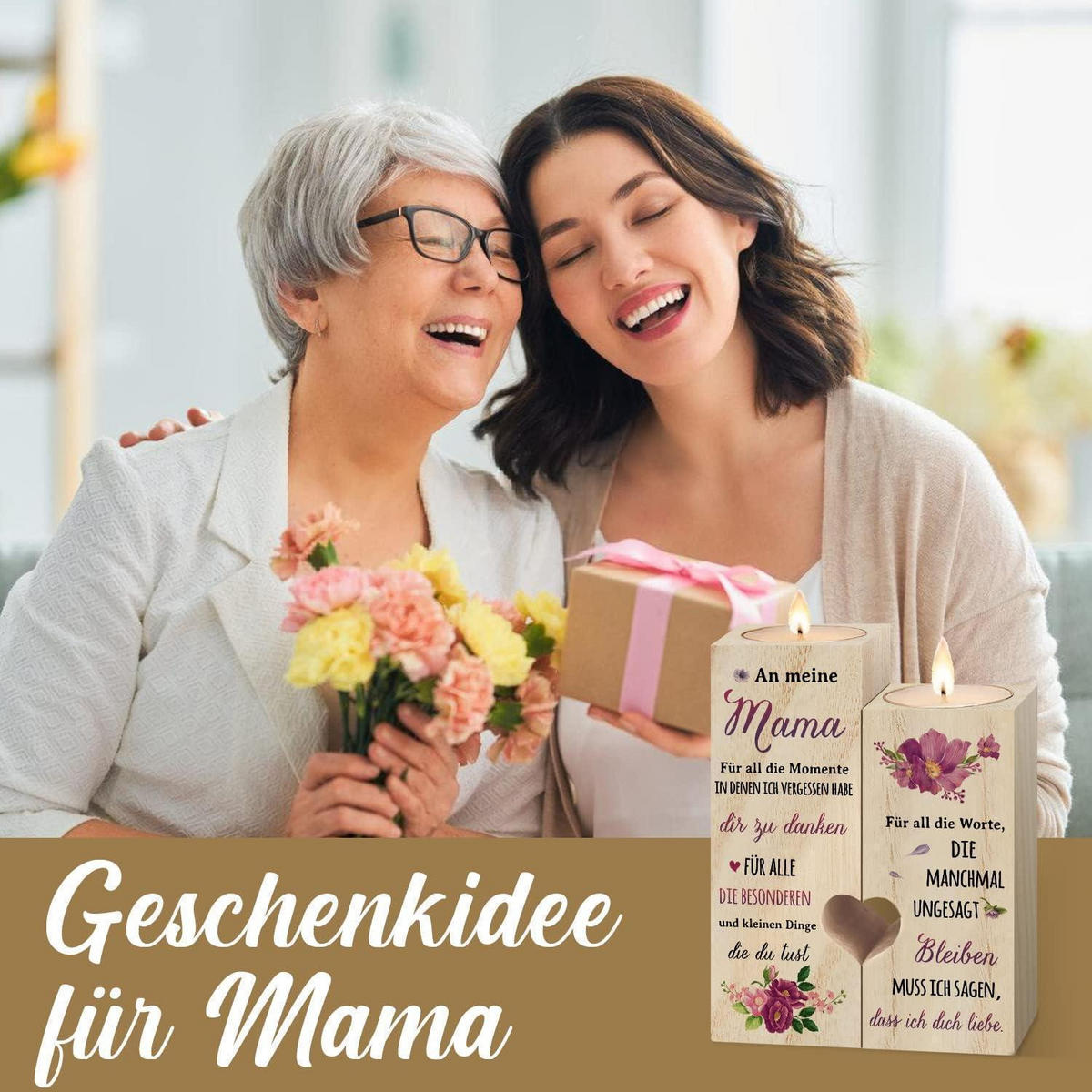 KERZENSTÄNDER Holz Mama Geschenk 12 x 10 x 4,5 cm - Beige, Holz (10/4.5/12cm)