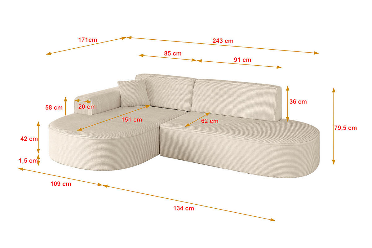 ECKSOFA Ottomane Links MARI-L1 - 243x171x79 cm Beige Cord - Beige/Schwarz, Holzwerkstoff/Kunststoff (163/234cm) - ALTDECOR