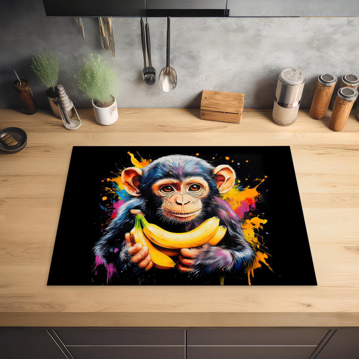 HERABDECKPLATTE - Affe - Graffiti - Farbenfroh - Bananen - Modern - 70x55 - Gelb, Kunststoff (70/55/0.2cm) - MuchoWow
