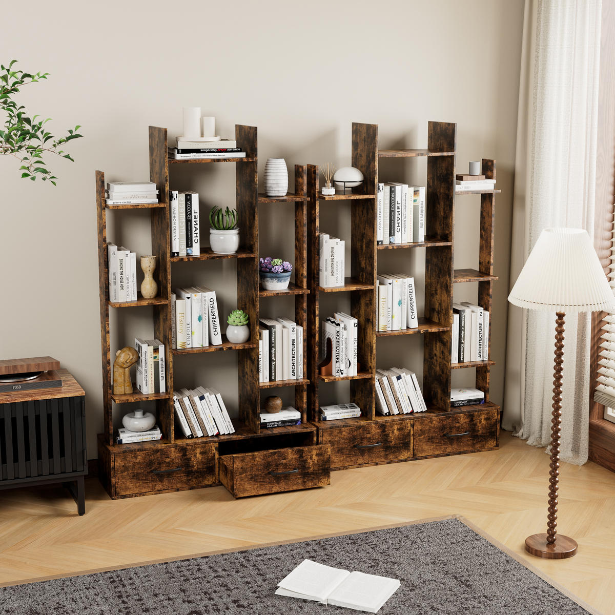 BÜCHERREGAL Dunkelbraun 12 Fächer 2 Schubladen 86/25/140 cm - Braun, Metall (86/140/24cm) - PANGIVO
