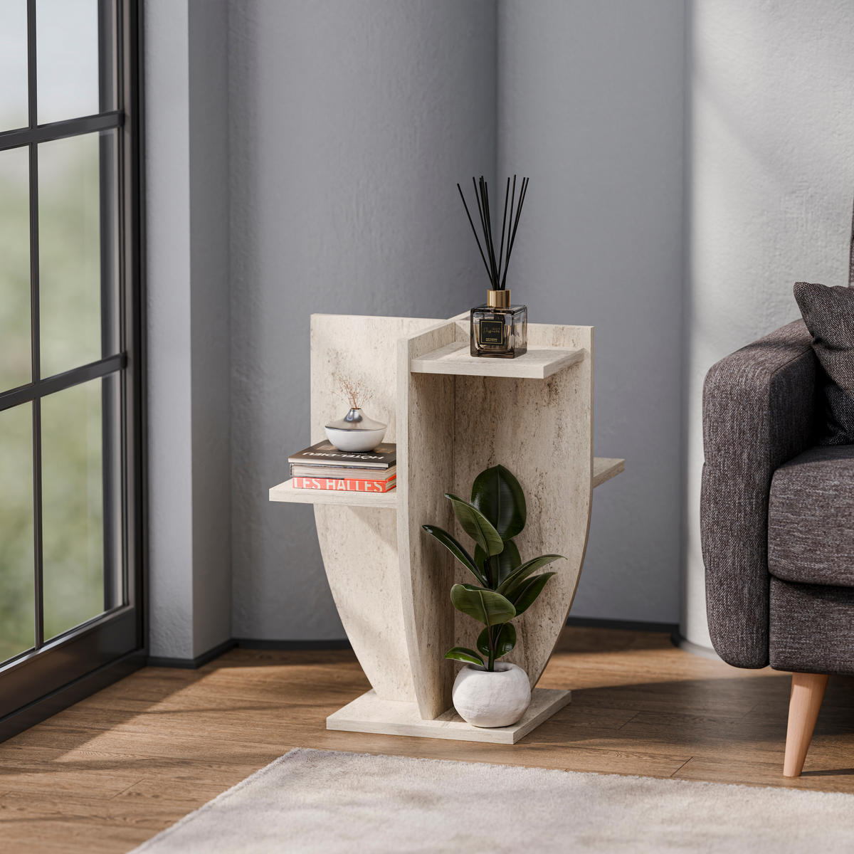 PFLANZENSTÄNDER Ceki Travertin - Creme, Holzwerkstoff (29/29/62cm) - Decorotika