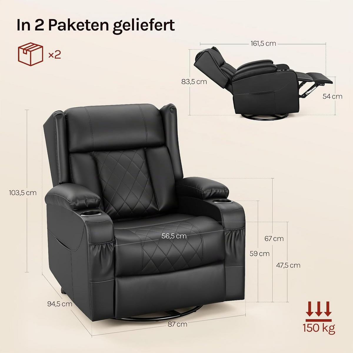 RELAXSESSEL mit Liegefunktion, drehbar, Kunstleder, Schwarz - Schwarz, Kunststoff (87/103.5/94.5cm) - Woltu