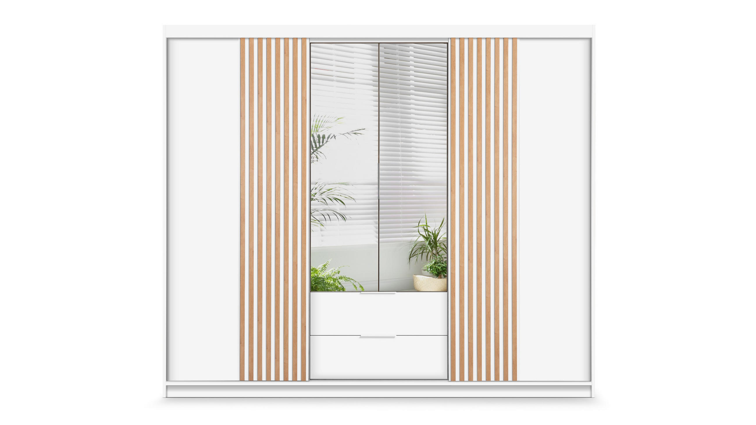 SCHWEBETÜRENSCHRANK AKALI 250/213/60 cm 4-türig mit Spiegel Weiß - Weiß, Holzwerkstoff (250/213/60cm) - MASSENO