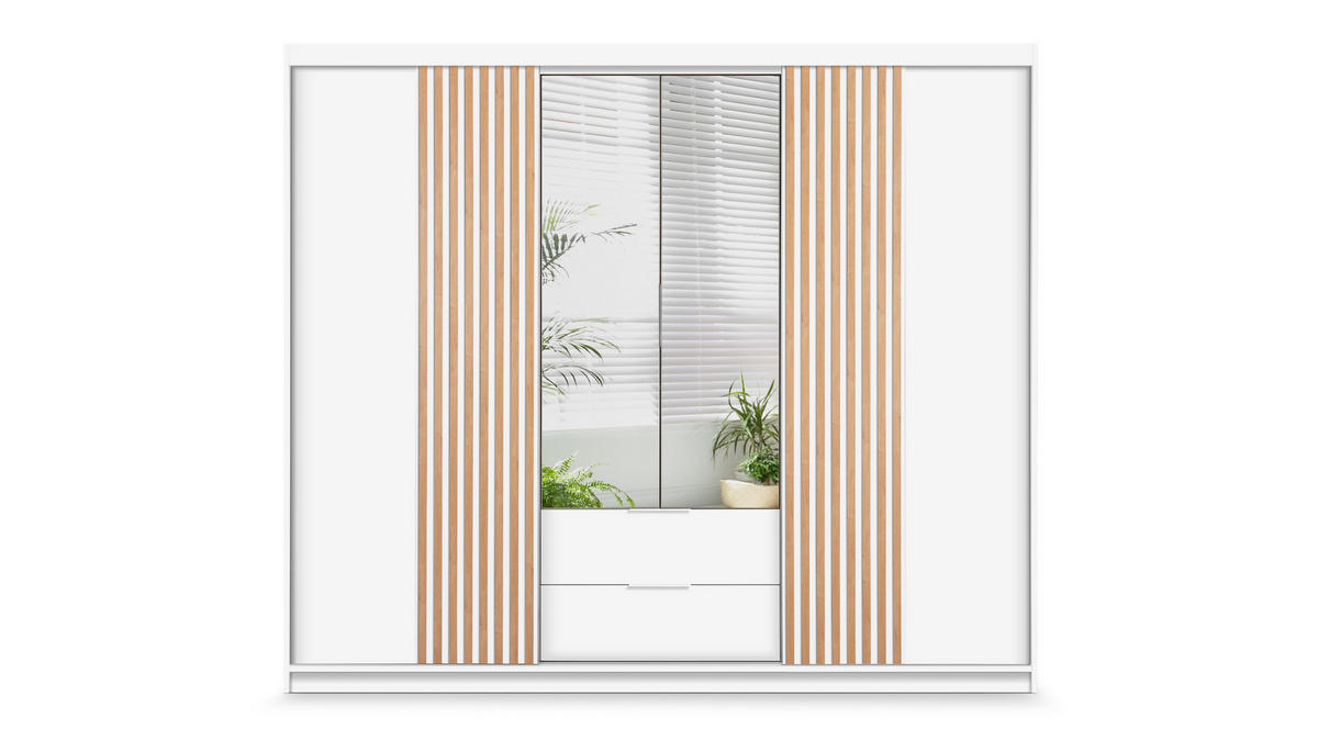 SCHWEBETÜRENSCHRANK AKALI 250/213/60 cm 4-türig mit Spiegel Weiß - Weiß, Holzwerkstoff (250/213/60cm) - MASSENO
