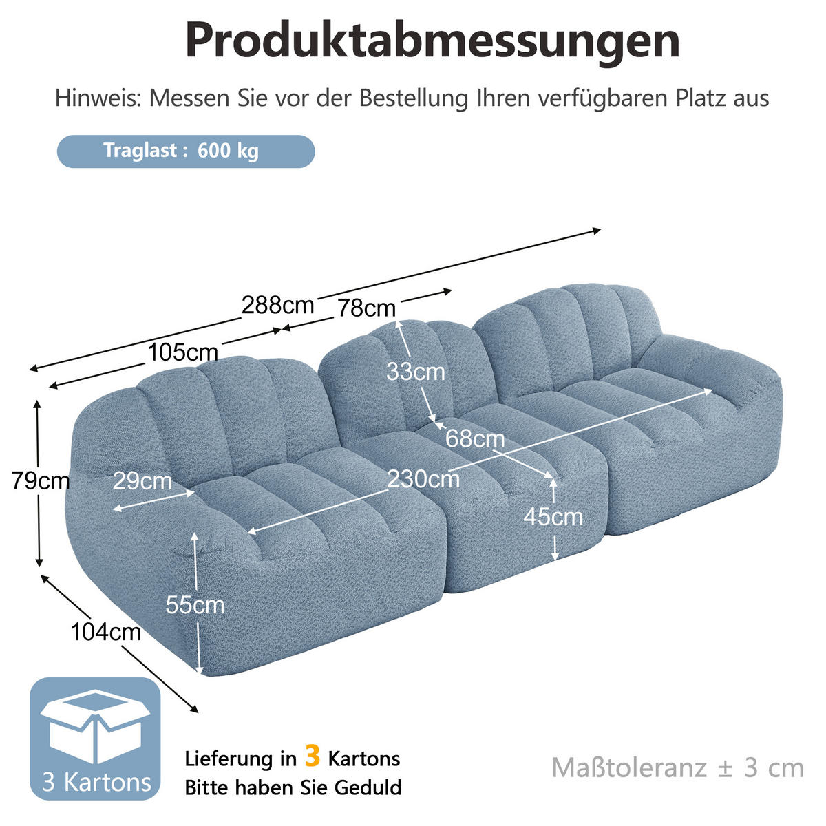 3-SITZER-SOFA DE-34312 mit Tiefsitz Blau - Blau, Textil (104/79/288cm) - ComfortXL