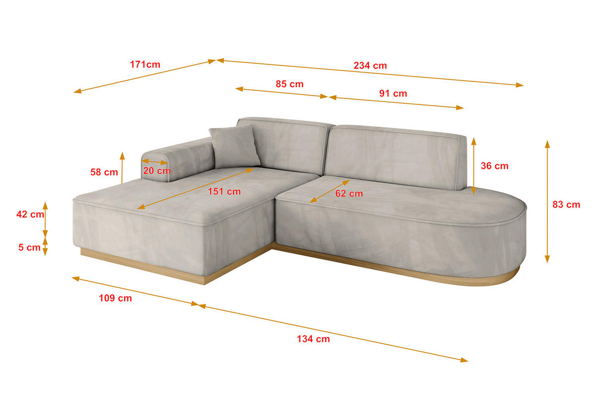 ECKSOFA Ottomane Links IREA-L1-v2 - 234x171x83 cm Hellbraun - Hellbraun, Holzwerkstoff/Textil (234/171cm) - ALTDECOR