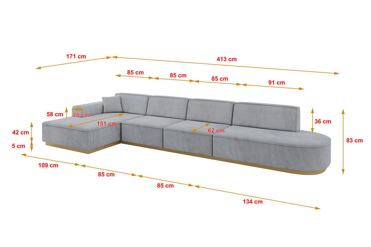 ECKSOFA Ottomane Links IREA-L3-v2 - 413x171x83 cm Grau - Titanfarben, Holzwerkstoff/Textil (413/171cm) - ALTDECOR