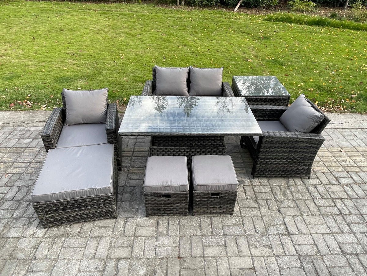 GARTENMÖBEL SET mit höhenverstellbarer Tisch Polyrattan Dunkelgrau 7-Sitzer - Dunkelgrau, Metall - Fimous