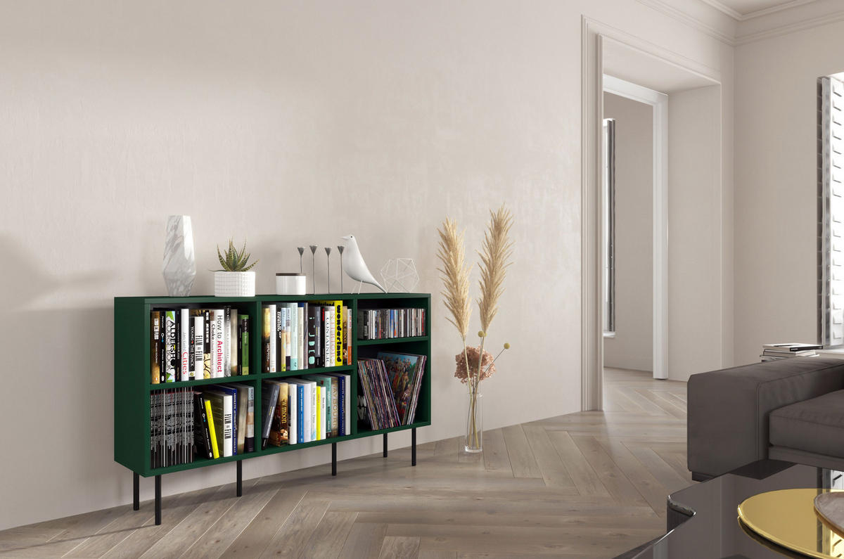 SIDEBOARD Mirka, Grün, offene Fächer, Minimalistisch - Dunkelgrün/Schwarz, Holzwerkstoff/Metall (130/80/30cm) - Dancan