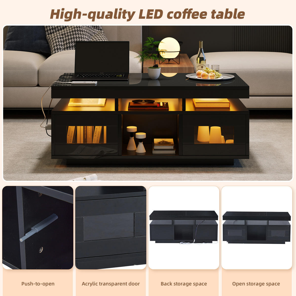 COUCHTISCH 100/50/43 cm Schwarz aus Spanplatte mit LED und Steckdose - Schwarz, Holzwerkstoff (100/50/43cm) - OKMYHOME