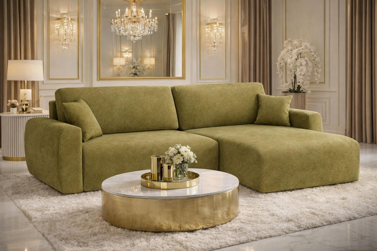ECKSOFA Mit Schlaffunktion Ariel L, Velours, Stoff Salvador, Olive, Rechts - Olivgrün, Holz (250/142cm) - Kaiser Möbel