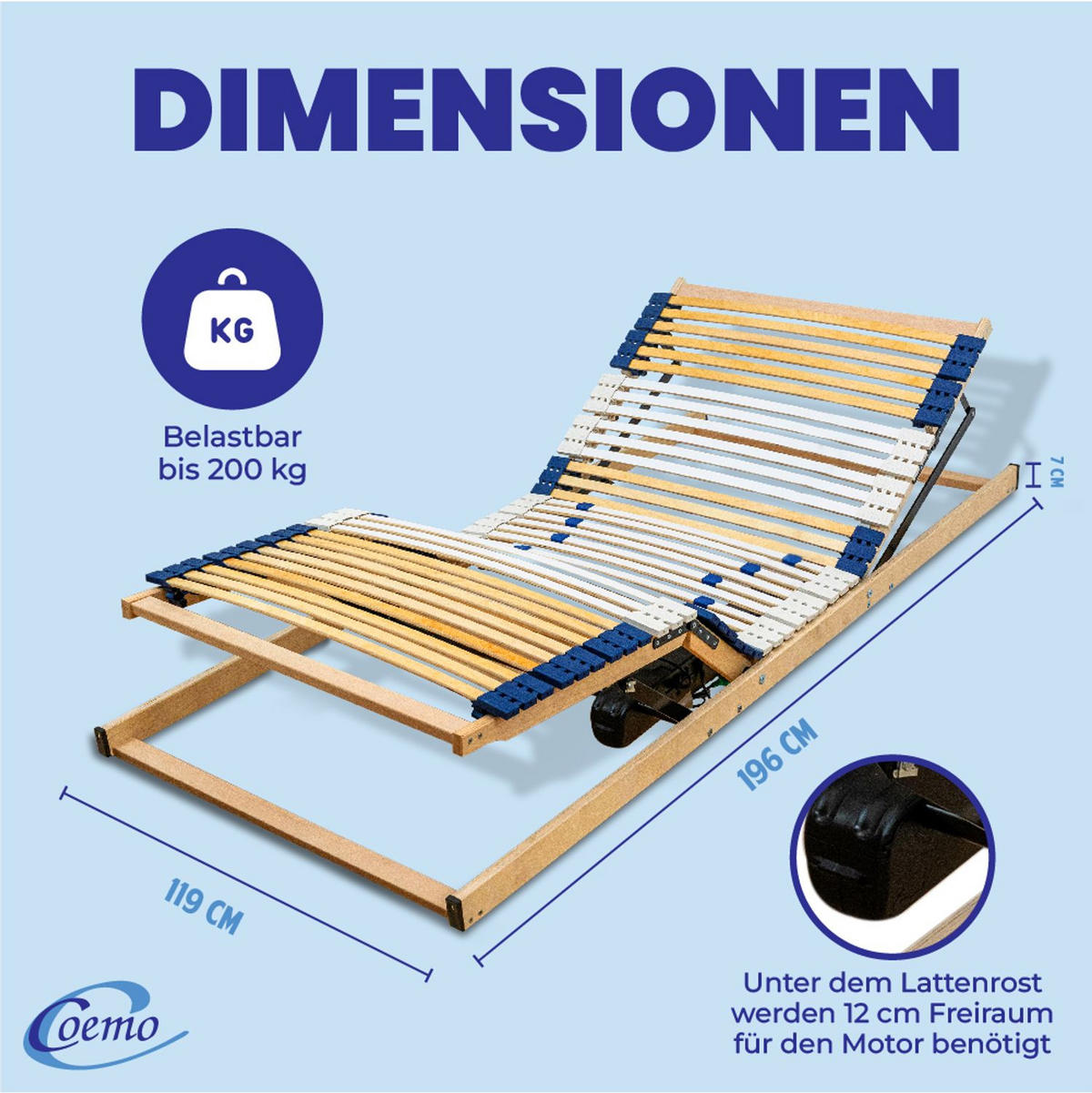 ELEKTRISCHER LATTENROST eRost mit Motor, fertig montiert 120x200 cm - Naturfarben, Holz (120/200cm) - Coemo