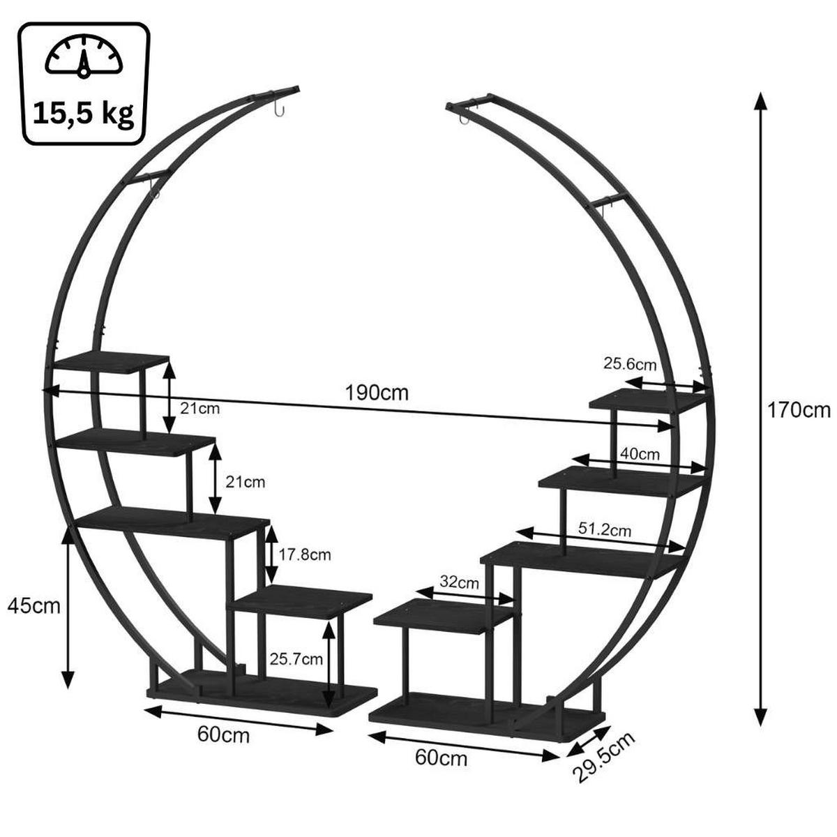 DANDIBO Blumenregal indoor 170 cm Hoch Metall Schwarz Rund 96586 Blumentreppe Groß Halbrund Pflanzenständer Modern Design - Schwarz, Metall (190/170/30cm) - DanDiBo