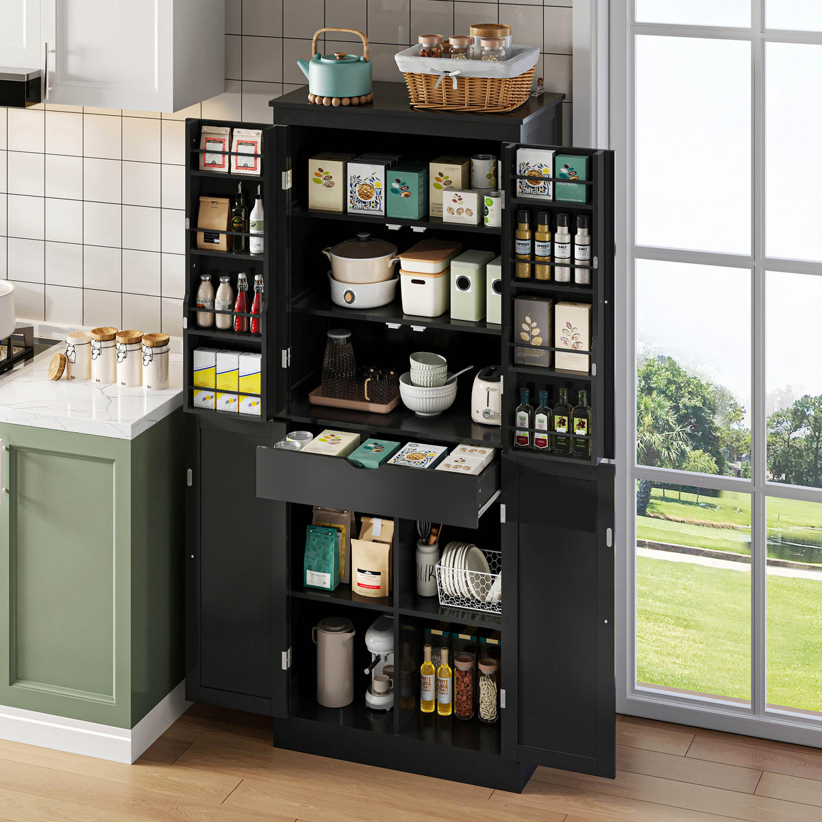 BUFFETSCHRANK Schwarz 75/40/182 cm - Schwarz, Holz (75/180/40cm) - PANGIVO
