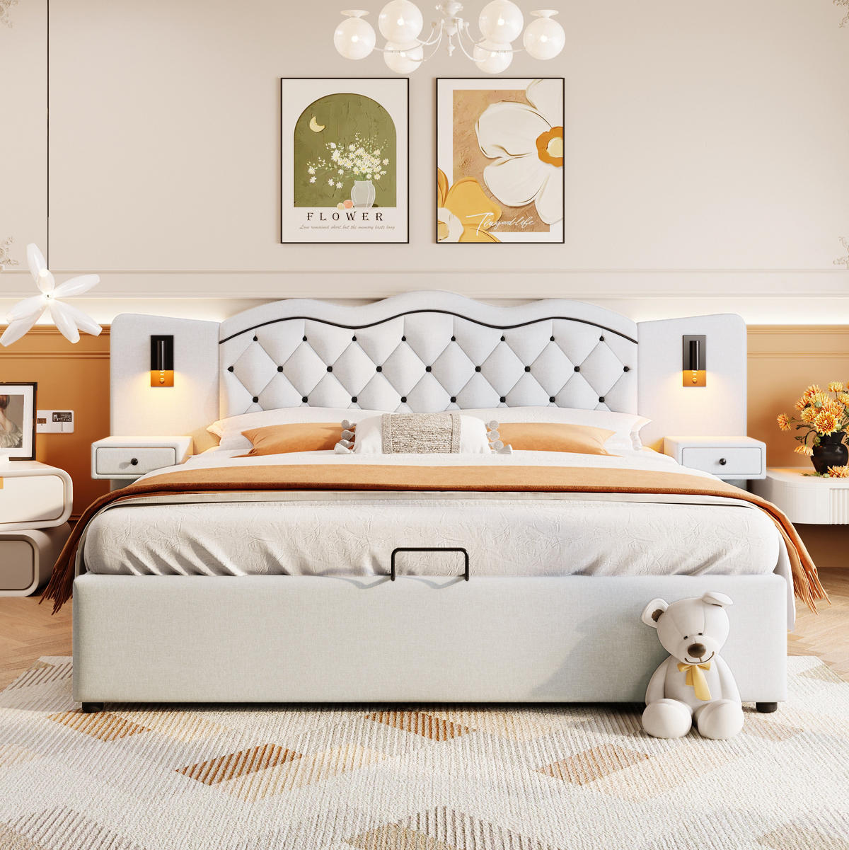 POLSTERBETT aus Leinenimitat und MDF 180x200 cm Beige mit Bettkasten, USB-Anschlüssen und Beleuchtung - Beige, Textil (180/200cm) - IVMEU
