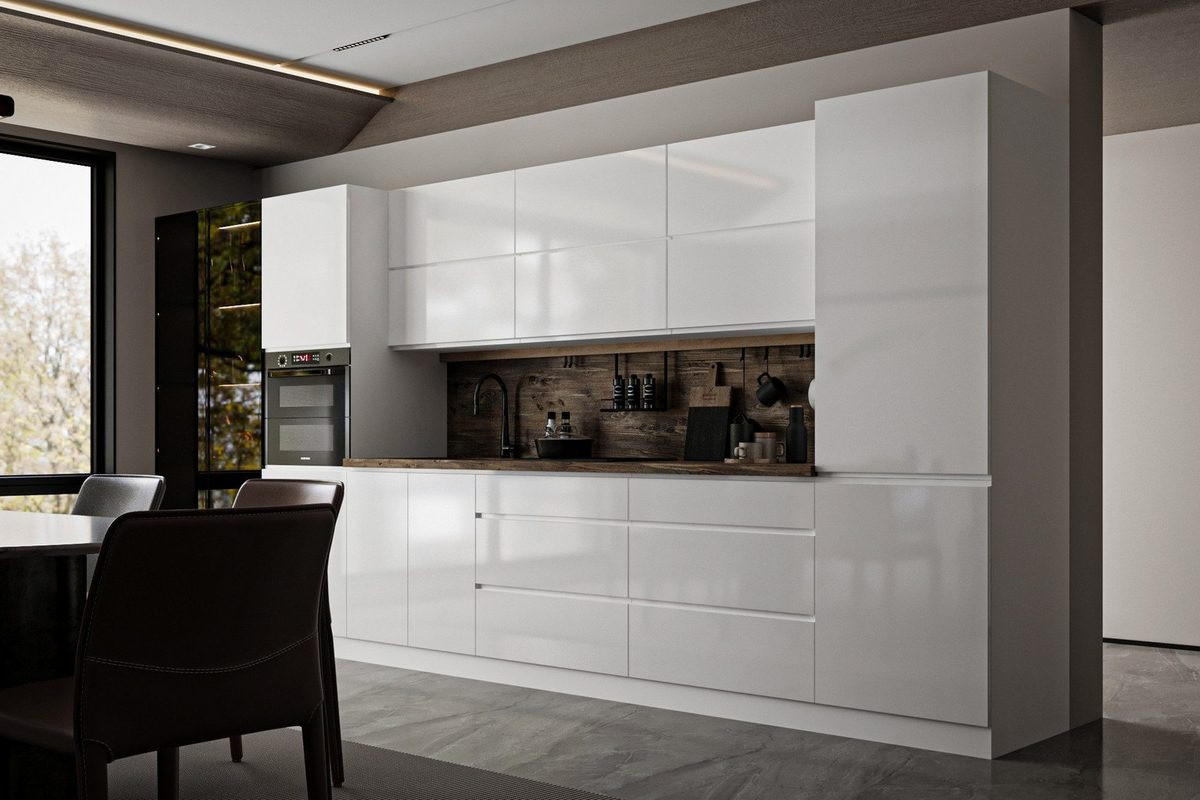 KÜCHENZEILE 360 cm Aspen K47-M360 in Weiß / Hochglanz - Weiß, Holz (360/212/60cm)