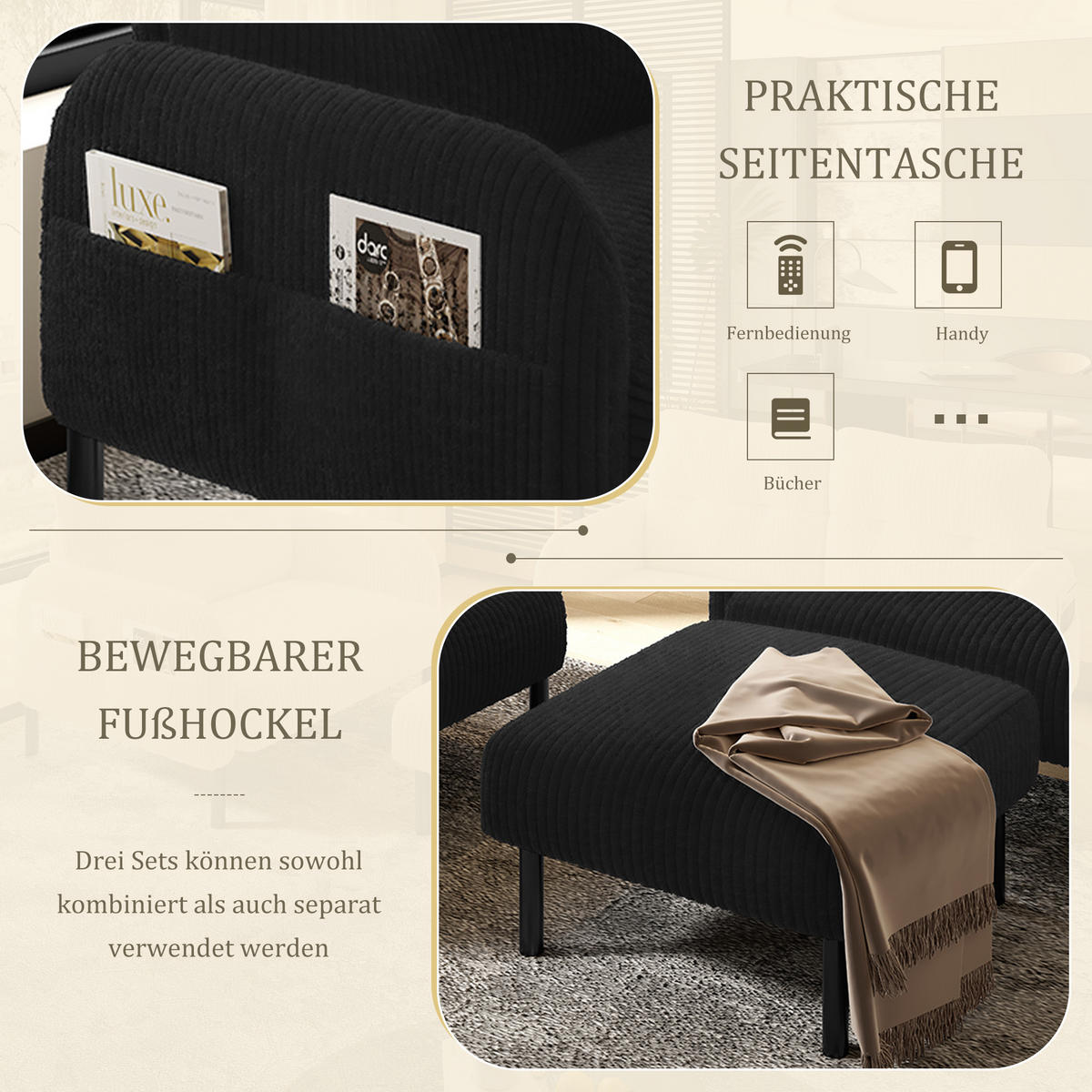 SOFA Set, 2-Sitzer+Sessel+Hocker, Cord, Schwarz - Schwarz, Textil/Metall (120/79/75cm) - LVHOM