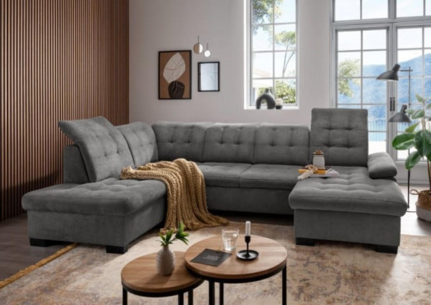 WOHNLANDSCHAFT mit Schlaffunktion und Bettkasten, verstellbare Kopflehnen - Schwarz/Grau, Kunststoff/Textil (305/163/216cm) - myHomelando